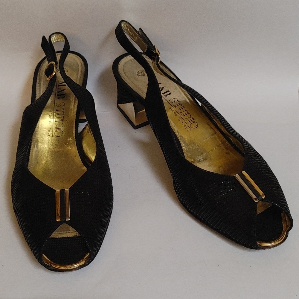 MAB STUDIO Black Leather Slingbacks w Gold Accents Block Heal Size 10